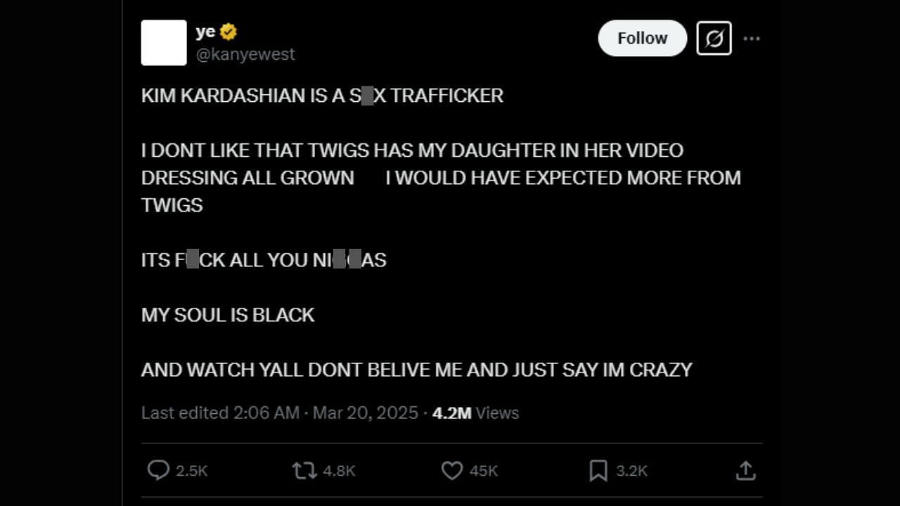 Kanye West accuses Kim Kardashian of being a s*x trafficker (image via X/@kanyewest)